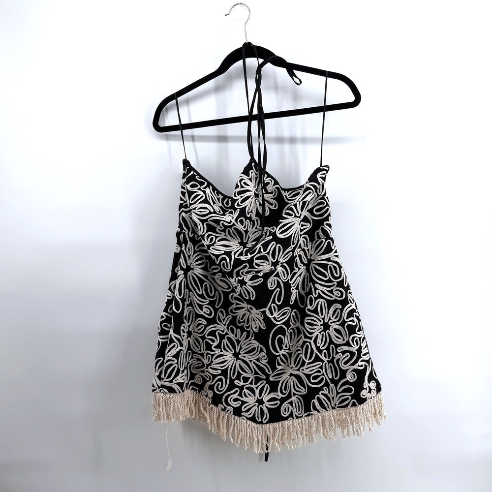 PrettyLittleThing Dress Textured Abstract Halter US 12 Black Women Festival Boho